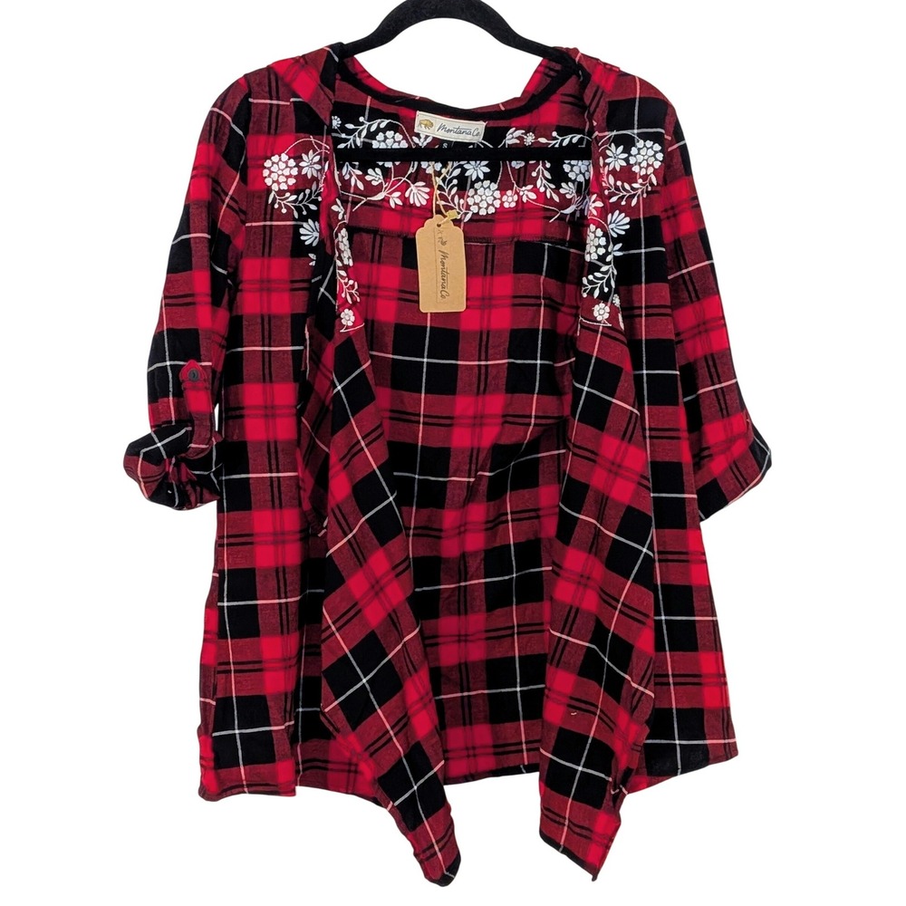 Montana Co Red Black Plaid Embroidered Hooded Open Front Cardigan Small NWT